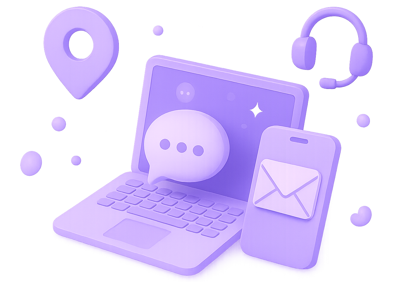3D illustration of a laptop with chat bubbles and communication icons representing contacting MTLWeb.