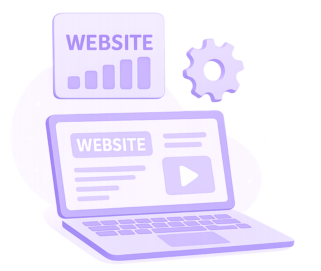 Purple illustration of a laptop showing website analytics next to a gear icon and digital interface elements.