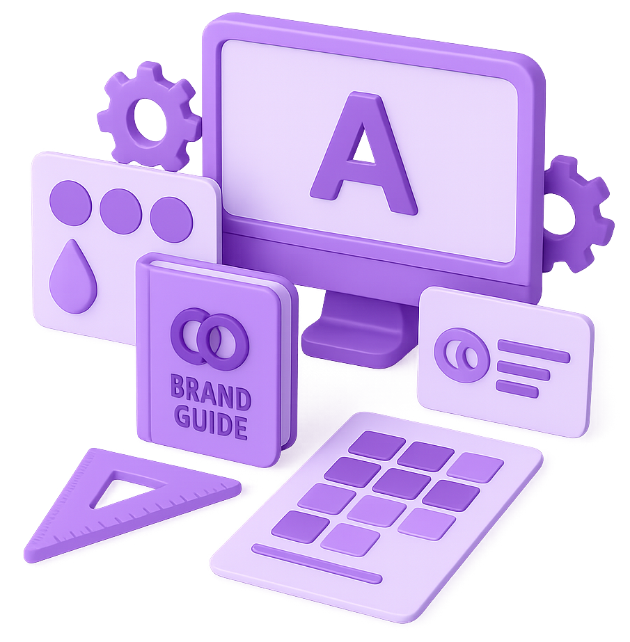 3D illustration of branding tools including logo sheets, color palettes, typography cards, and digital brand assets.
