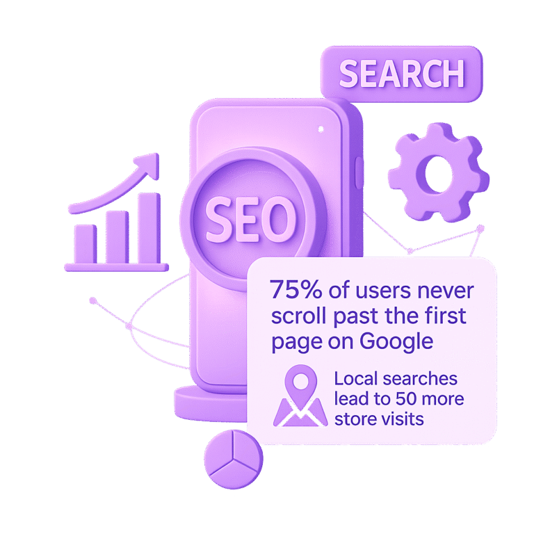 3D purple SEO illustration with magnifying glass, growth chart, and analytics dashboard.