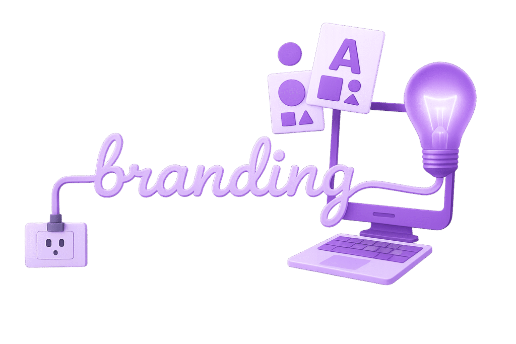 3D illustration of branding elements including a laptop, glowing bulb, and color palettes inviting users to start their branding project.