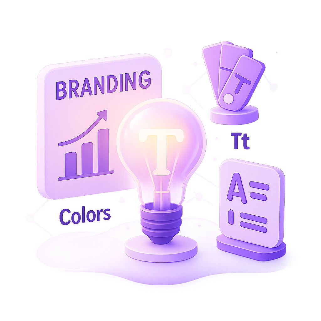 3D purple illustration of branding elements including a glowing bulb, color swatches, typography icons, and a branding dashboard.