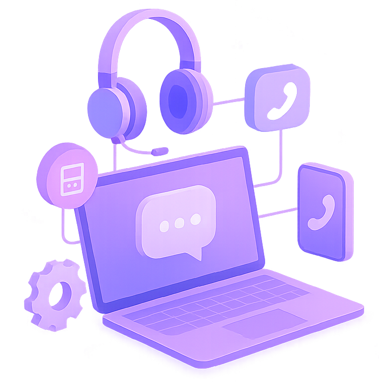 3D illustration of a laptop with communication icons symbolizing contact and support at MTLWeb.