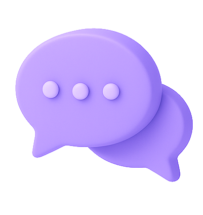 Purple 3D chat bubble icon representing transparent and collaborative communication at MTLweb.