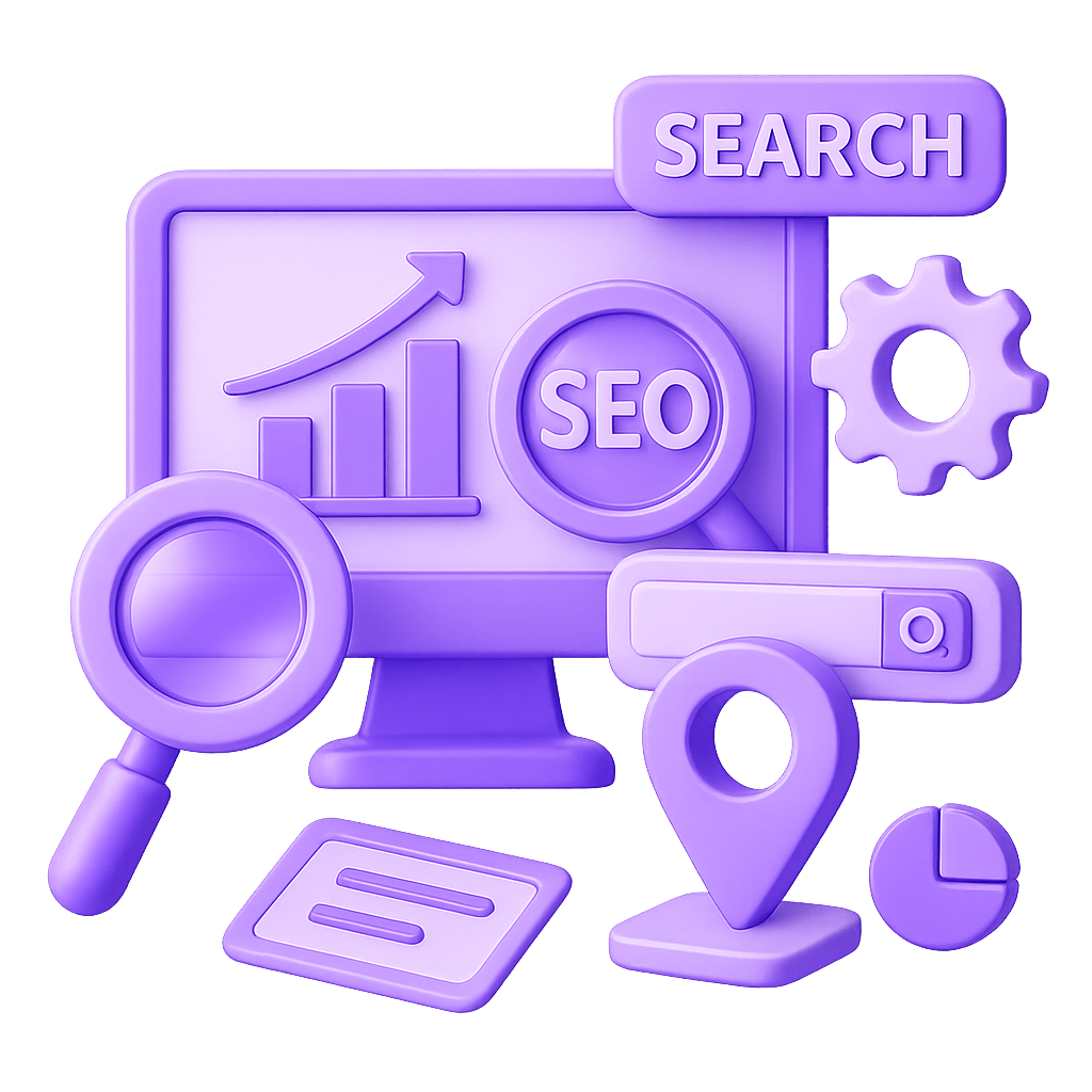 3D illustration showing local map pin, search rankings, and Google Business elements for local SEO.