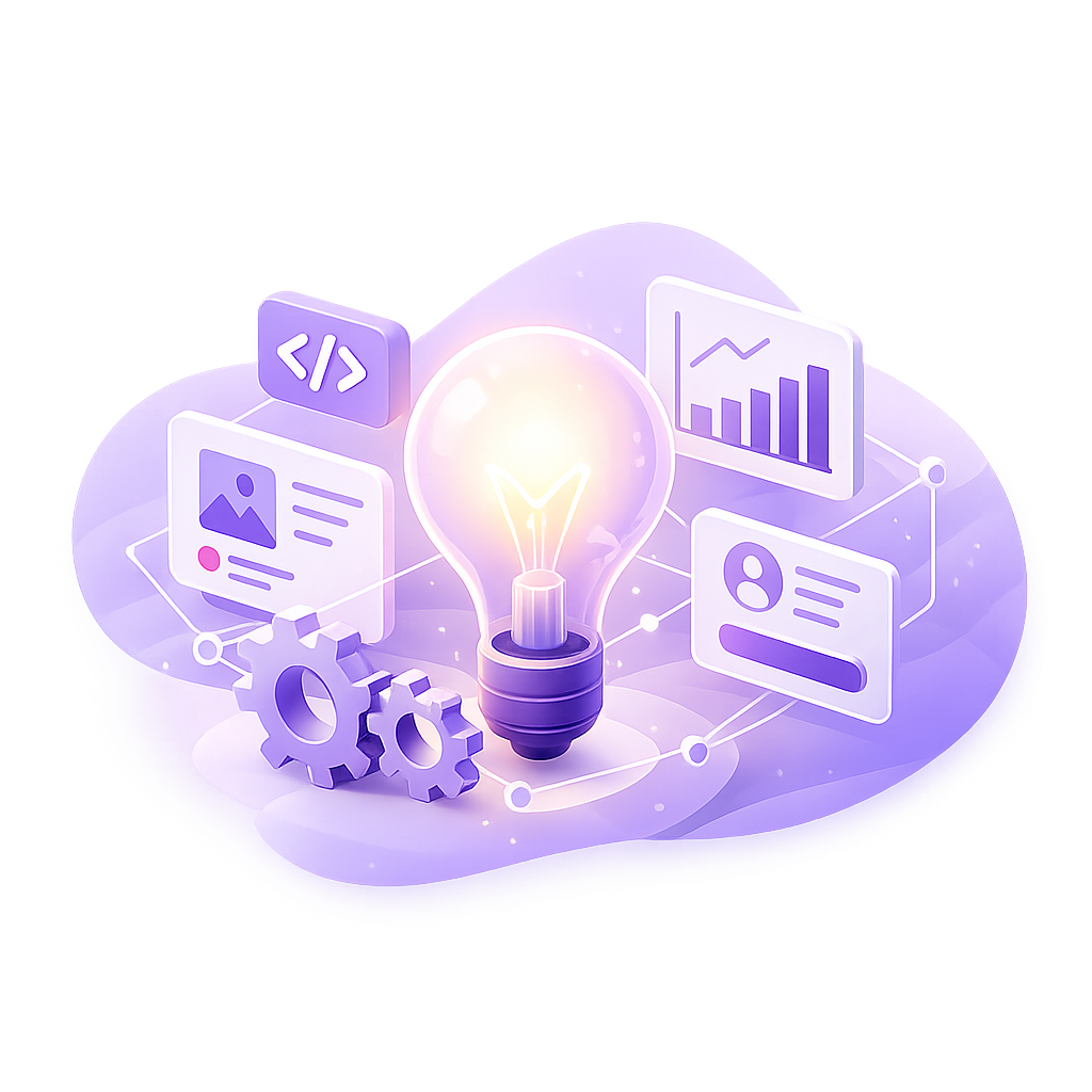 3D purple illustration of a lightbulb, digital interface elements, gears, and laptop symbolizing creativity and strategy at MTLWeb.