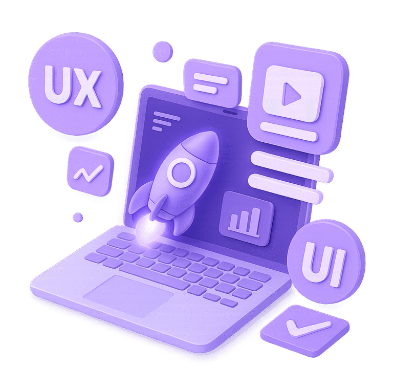 3D purple illustration of a laptop with a rocket and UX UI elements representing why a modern website matters