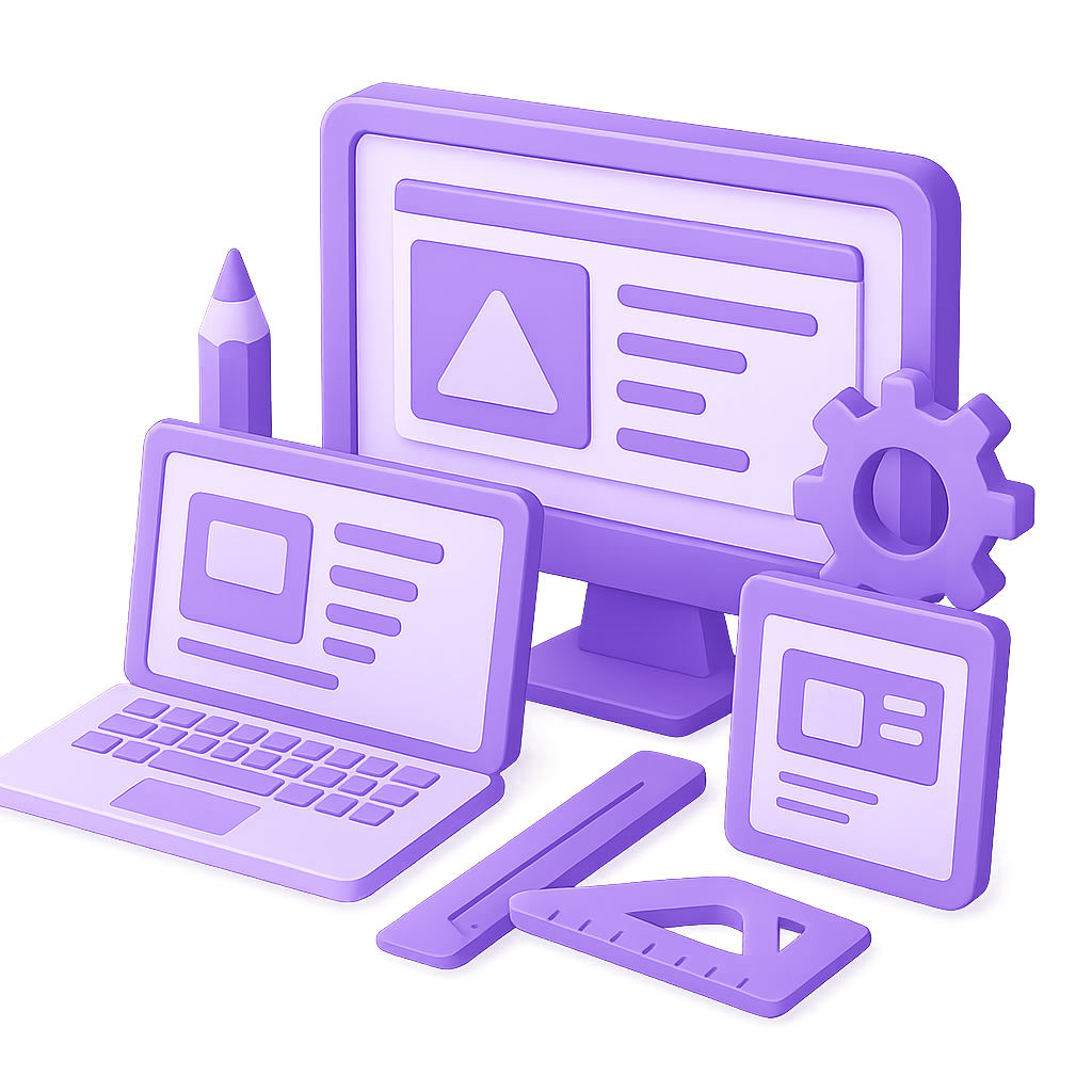 3D illustration of a laptop, tablet, and mobile devices showing web layouts for MTLWeb web design packages