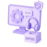 3D purple illustration of customer support headphones, gear, and monthly maintenance calendar.