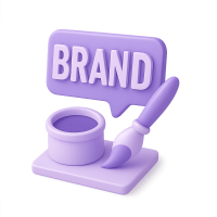 3D purple illustration of a lightbulb and branding elements representing brand design services.