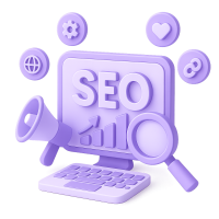 3D purple SEO icon with magnifying glass, chart, and search elements.
